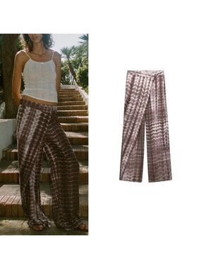 Zara gray taupe brown tie-dye wrap sarong pants Sz S NWOT beach vacation boho